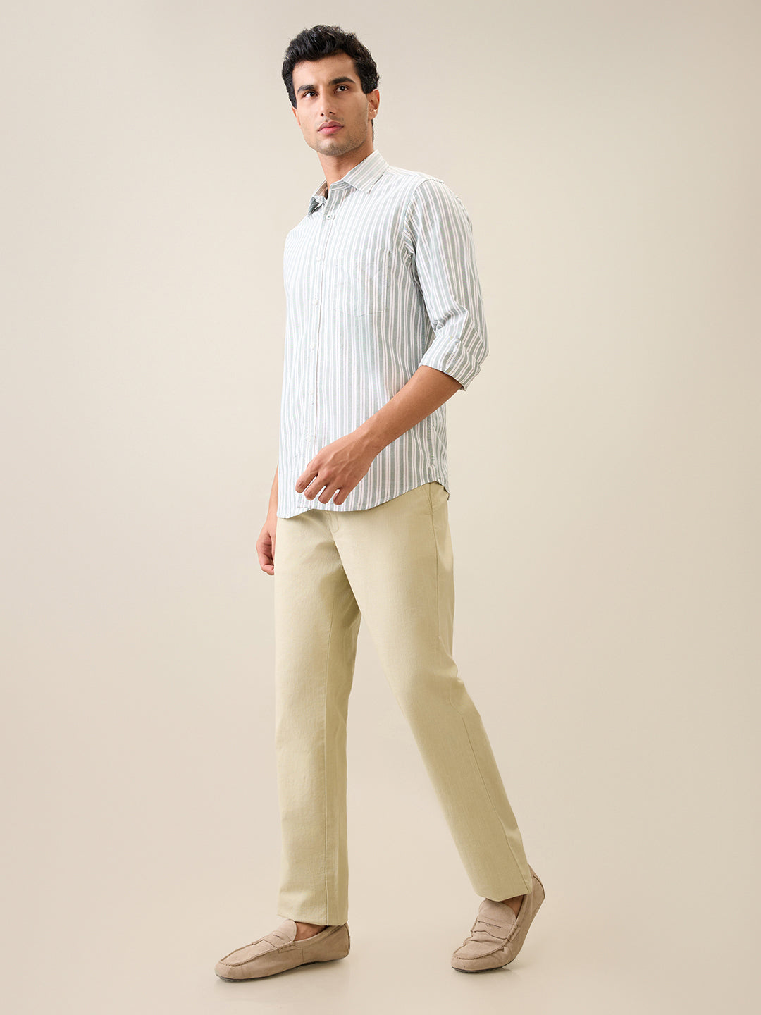 Park Avenue Men Green Structure Slim Fit Cotton Trouser