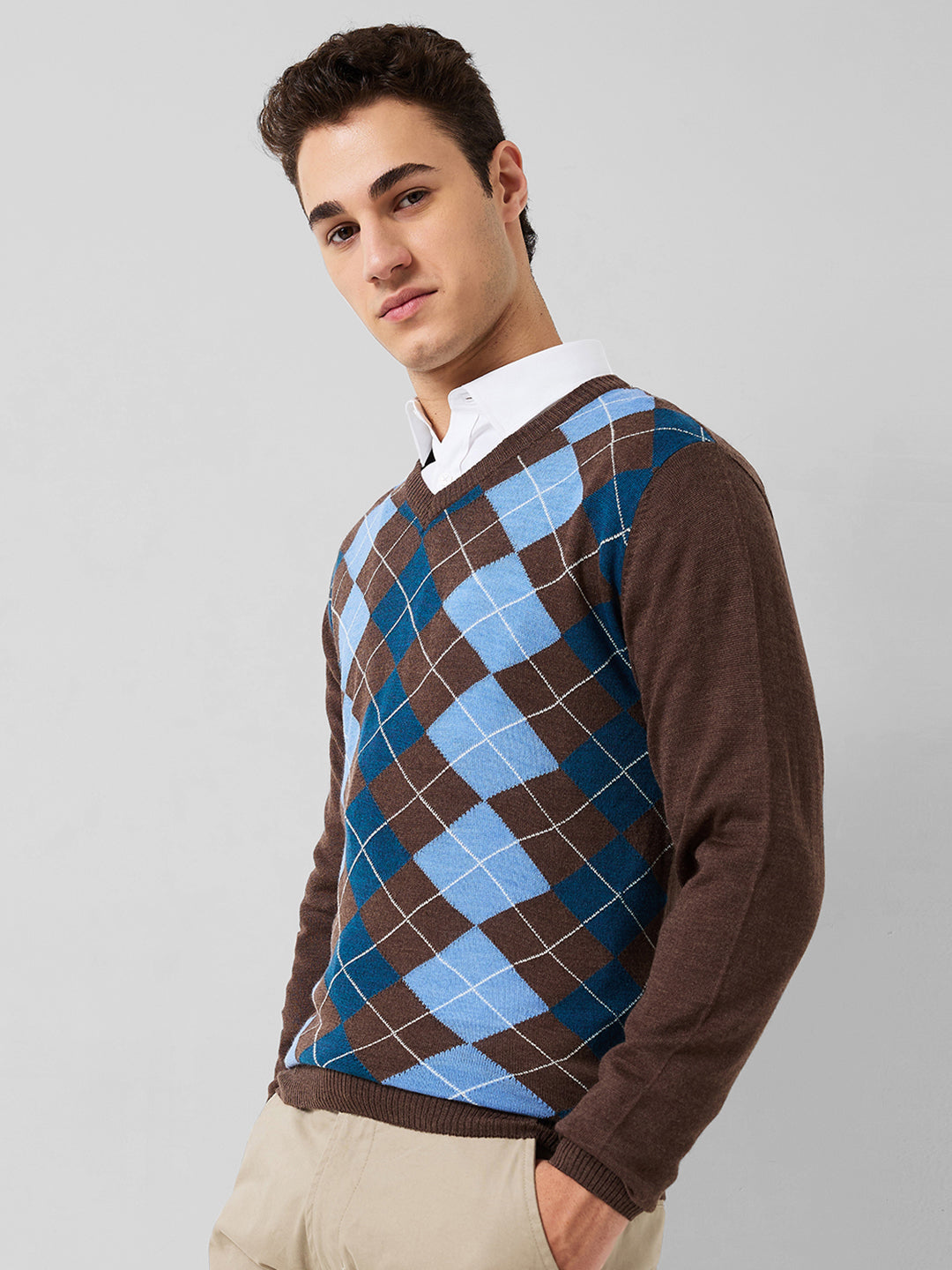 Park Avenue Men Brown Argyle Regular Fit Acro Blend Full Sleeve Round Neck Collar Sweater