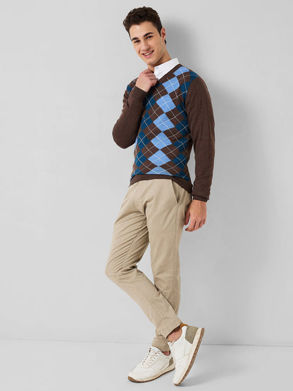 Park Avenue Men Brown Argyle Regular Fit Acro Blend Full Sleeve Round Neck Collar Sweater