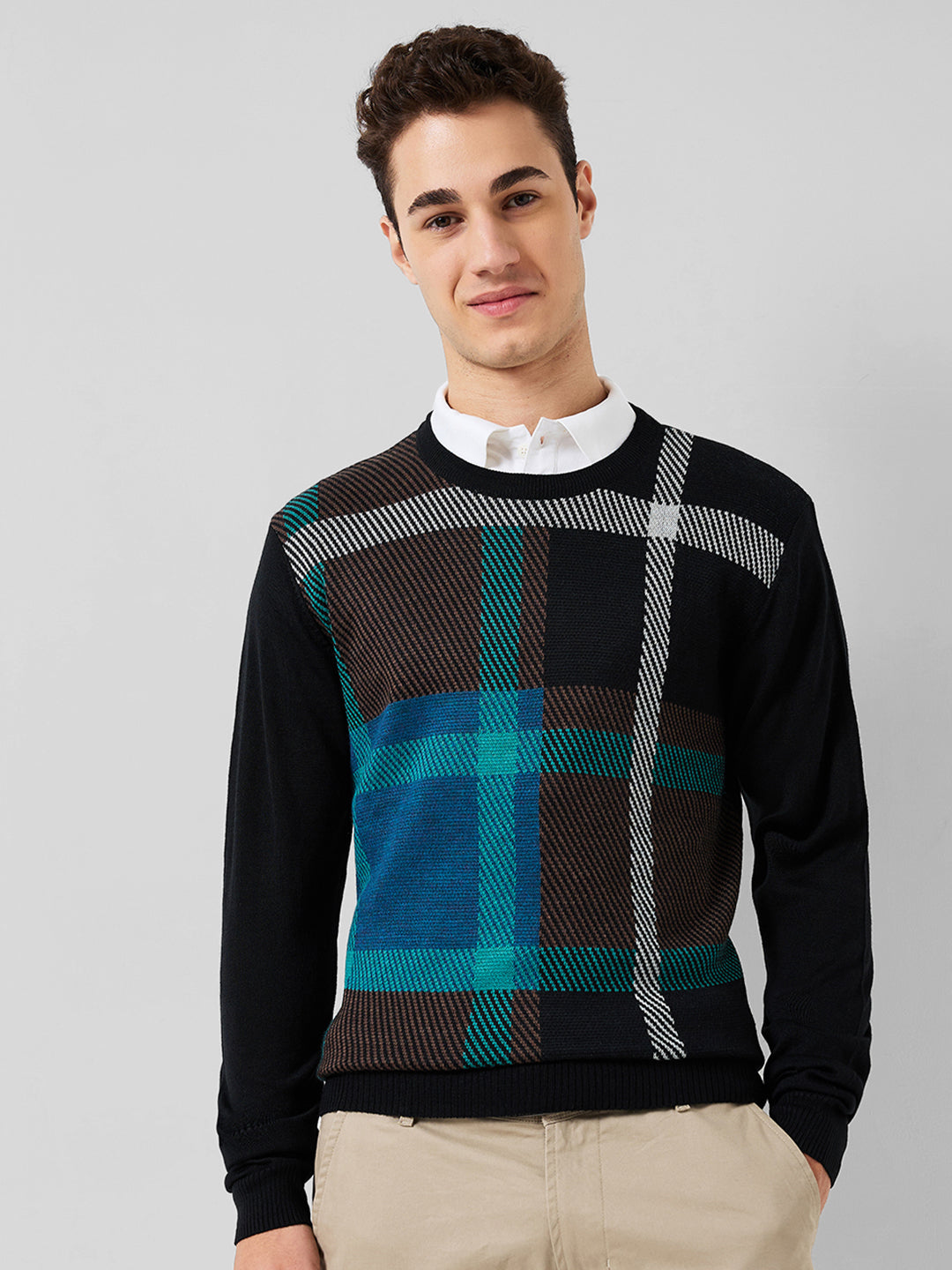 Park Avenue Men Blue Jacquard Regular Fit Acrylic Blend Sweaters