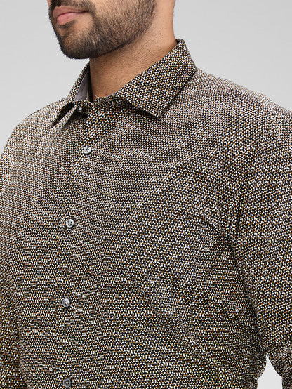 Park Avenue Khaki Printed Slim Fit Cotton Formal Shirt
