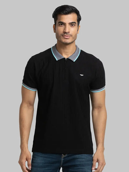 Men Black Slim Fit Solid Cotton Round Neck Collar Polo T-Shirt