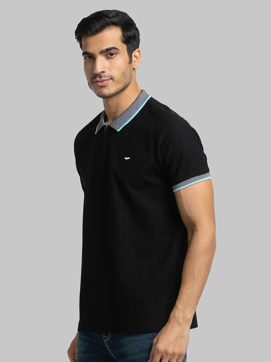 Men Black Slim Fit Solid Cotton Round Neck Collar Polo T-Shirt