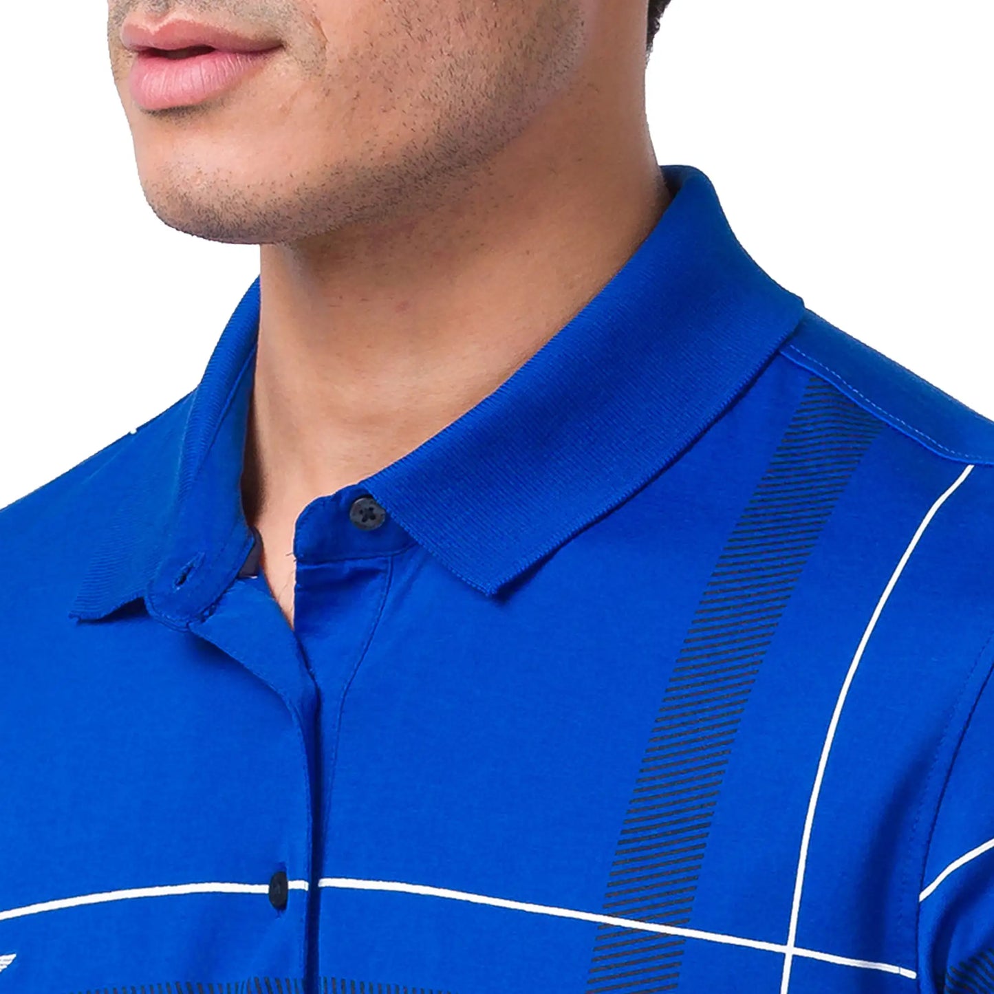 Men Blue Slim Fit Print Cotton Round Neck Collar Polo T-Shirt