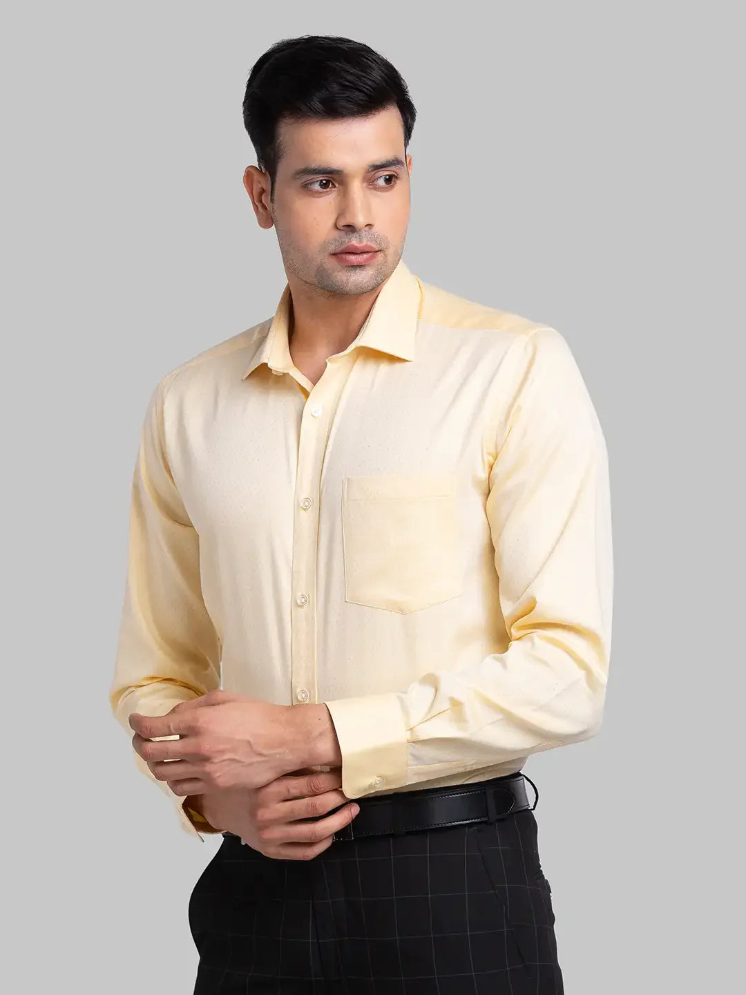 Men Yellow Regular Fit Structure Cotton Full Sleeve Shirts