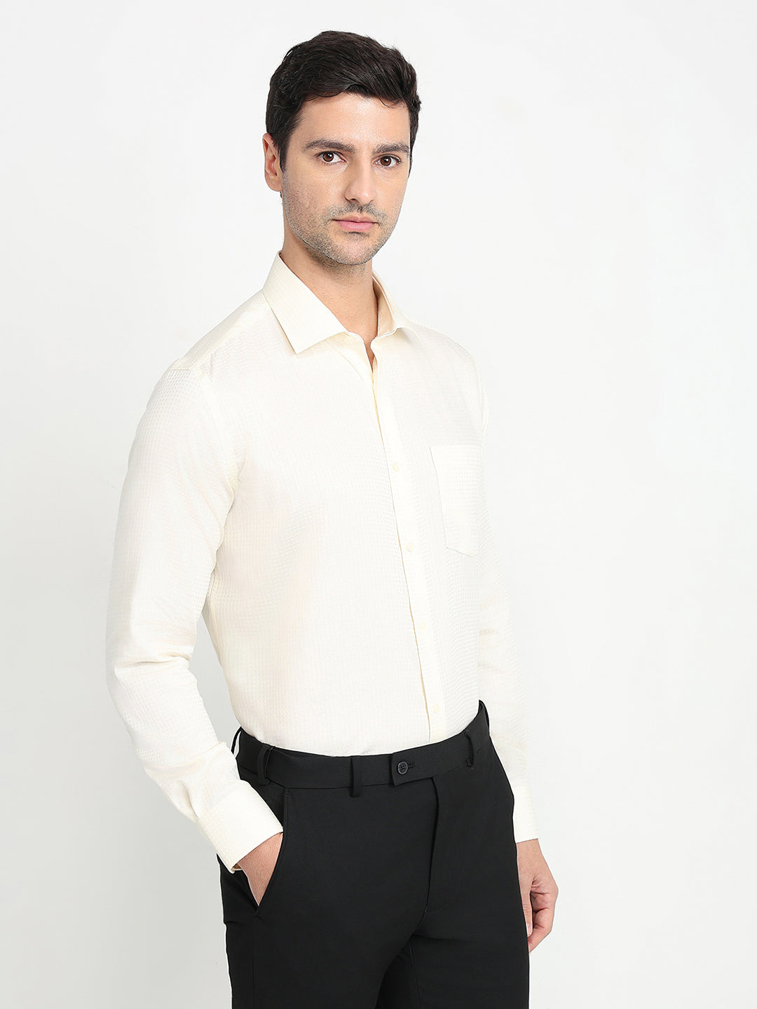 Park Avenue Men White Stripe Regular Fit Cotton Blend Full Sleeve Ainsley Collar Formal Shirt