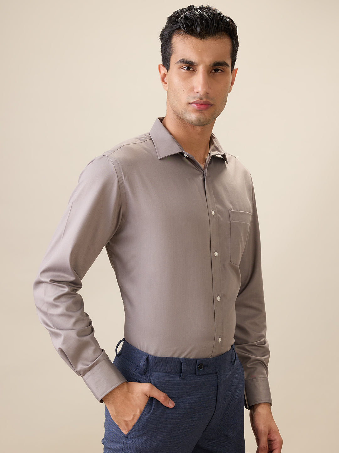 Park Avenue Men Grey Solid Regular Fit Cotton Blend Full Sleeve Ainsley Collar Formal Shirt