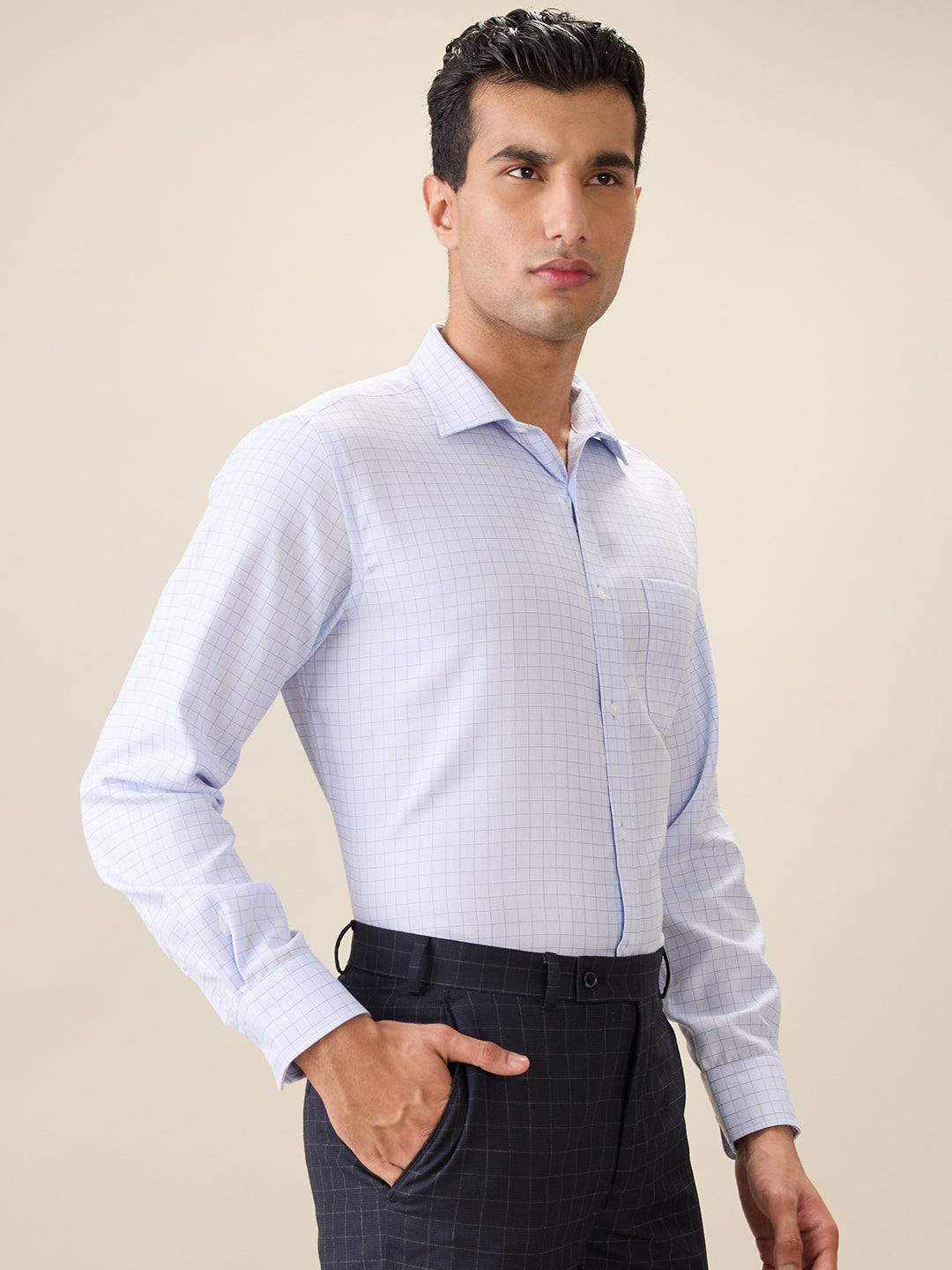 Park Avenue Men Blue Checks Regular Fit Cotton Blend Full Sleeve Ainsley Collar Formal Shirt