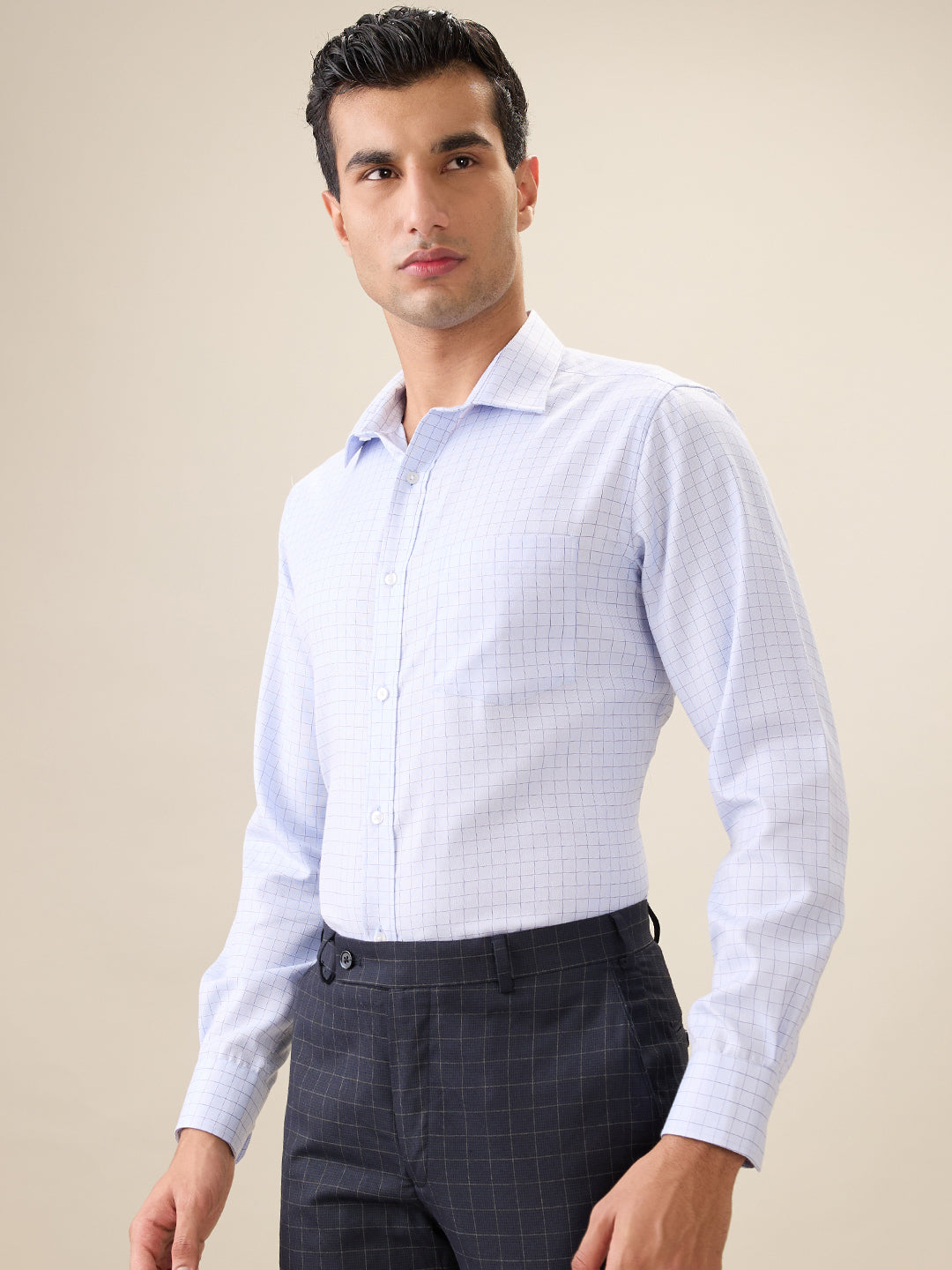 Park Avenue Men Blue Checks Regular Fit Cotton Blend Full Sleeve Ainsley Collar Formal Shirt