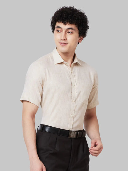 Men Fawn Regular Fit Solid Linen Half Sleeve Cut Away Collar Shirts