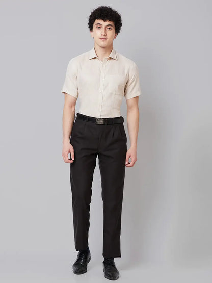 Men Fawn Regular Fit Solid Linen Half Sleeve Cut Away Collar Shirts