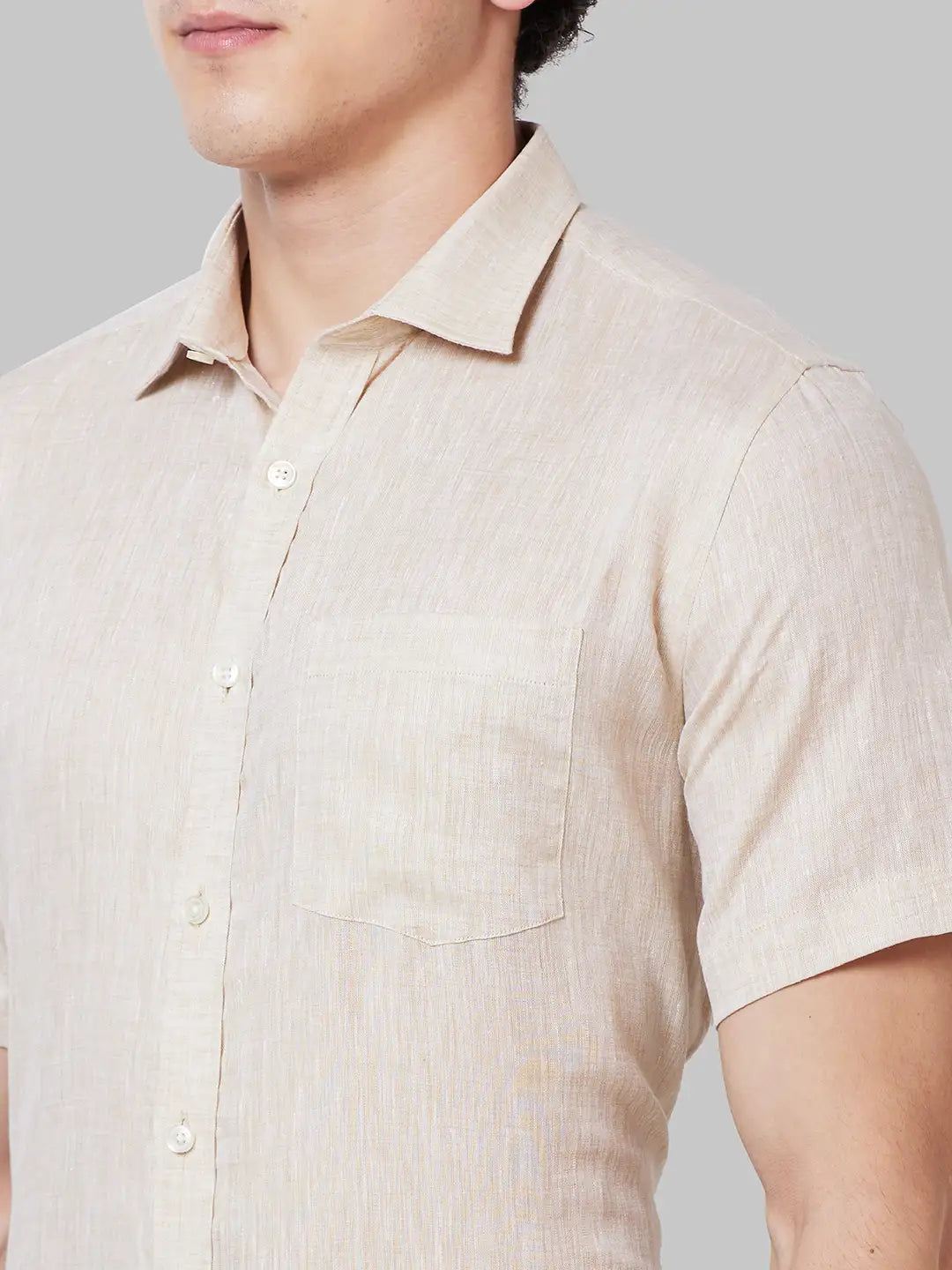 Men Fawn Regular Fit Solid Linen Half Sleeve Cut Away Collar Shirts