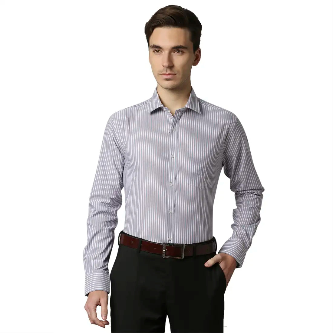 Men Grey Slim Fit Stripe Cotton Shirts