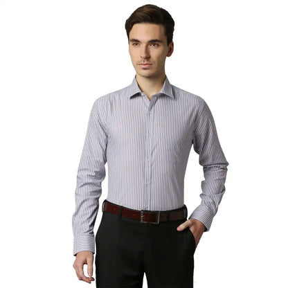 Men Grey Slim Fit Stripe Cotton Shirts
