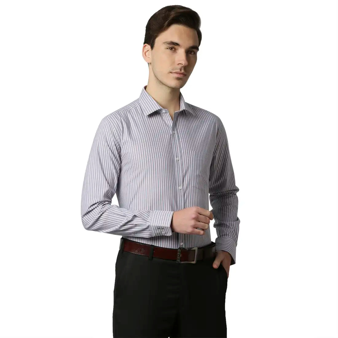 Men Grey Slim Fit Stripe Cotton Shirts
