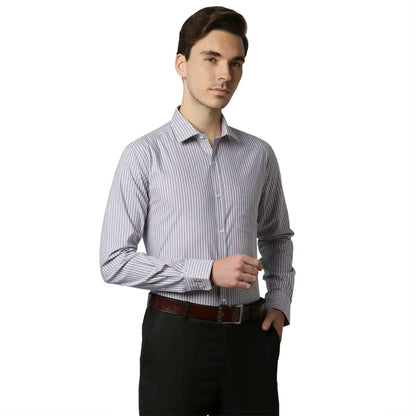 Men Grey Slim Fit Stripe Cotton Shirts