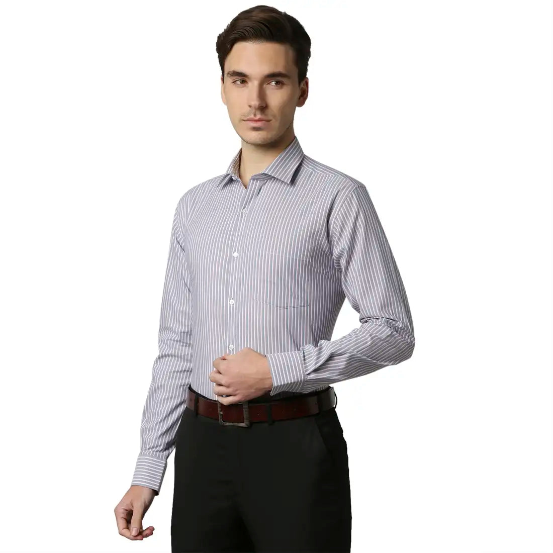 Men Grey Slim Fit Stripe Cotton Shirts
