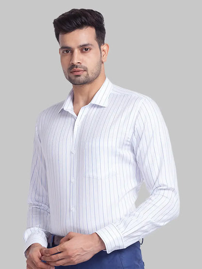 Men Blue Slim Fit Stripe Cotton Cut Away Collar Shirts