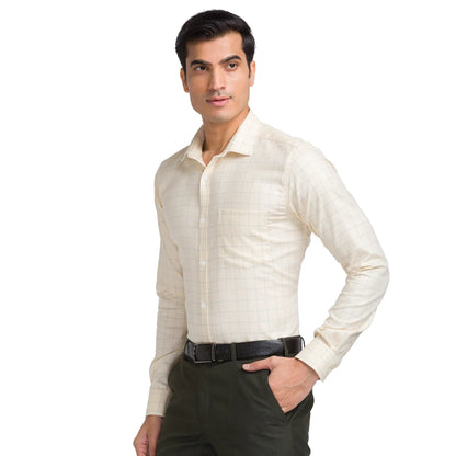 Men Yellow Slim Fit Checks Cotton Cut Away Collar Shirts