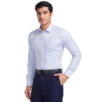Men Blue Slim Fit Checks Cotton Cut Away Collar Shirts