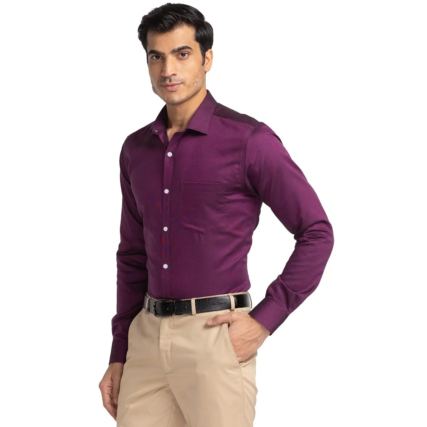 Men Violet Slim Fit Structure Cotton Cut Away Collar Shirts