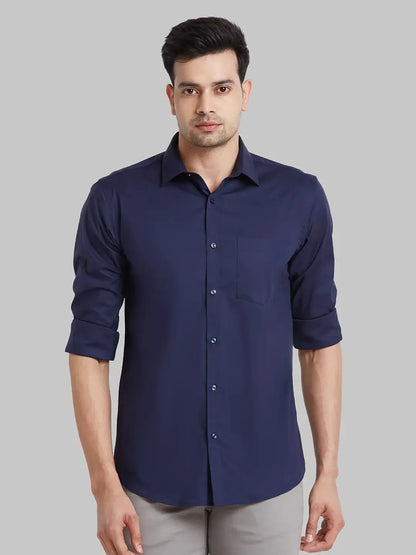 Men Blue Slim Fit Solid Cotton Blend   Shirts