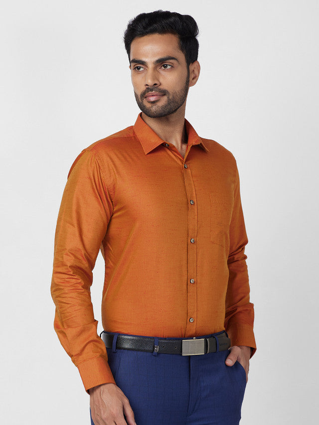 Park Avenue Orange Solid Slim Fit Full Sleeve Cotton Blend Shirt