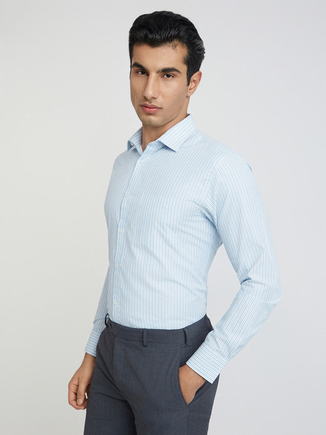 Park Avenue Blue Stripe Slim Fit Cotton Blend Formal Shirt