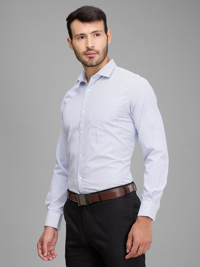 Park Avenue Men Blue Checkered Slim Fit Full Sleeve Semi Cut Away Collar Shirt