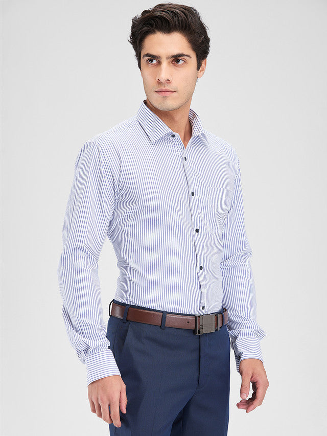 Park Avenue Blue Stripe Slim Fit Cotton Blend Formal Shirt