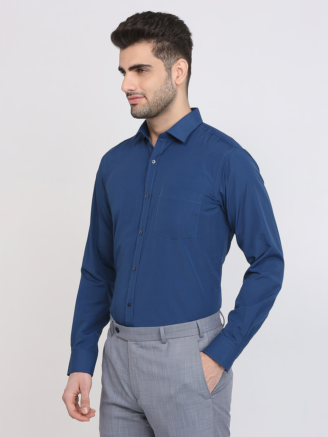 Park Avenue Men Blue Solid Slim Fit Polyester Blend Formal Shirt