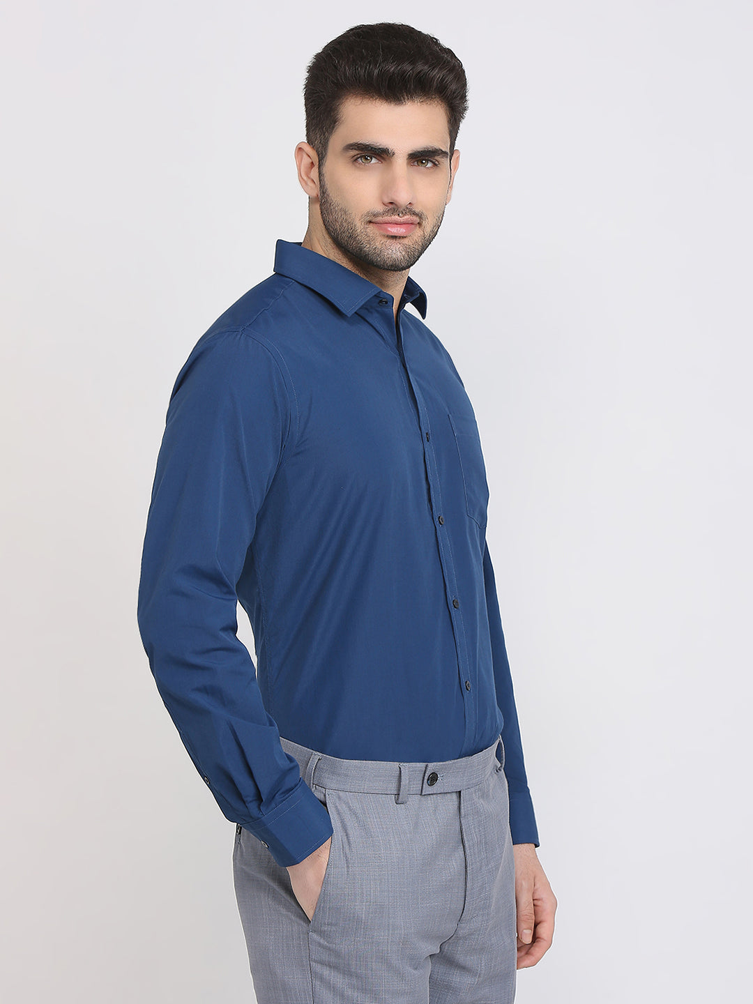 Park Avenue Men Blue Solid Slim Fit Polyester Blend Formal Shirt