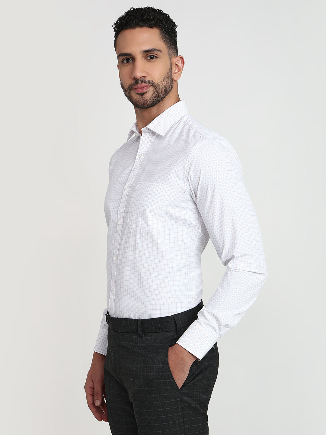 Park Avenue Men White Checks Slim Fit Cotton Blend Formal Shirt