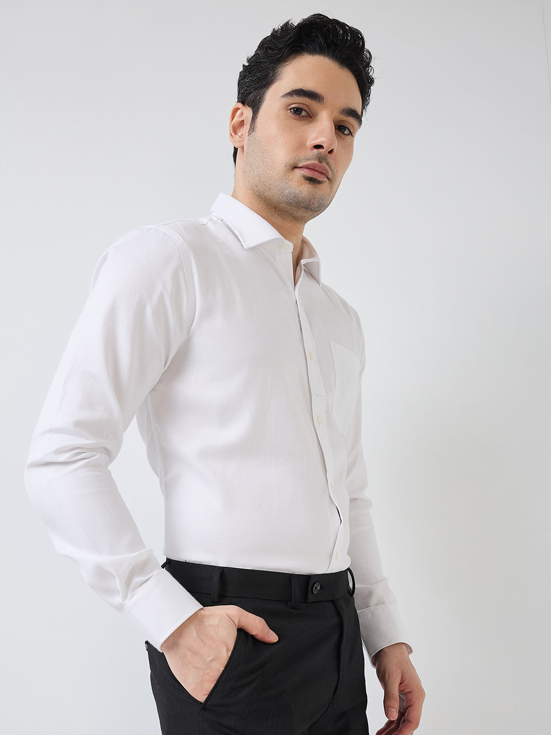 Park Avenue Men White Structure Slim Fit Polyester Blend Formal Shirt