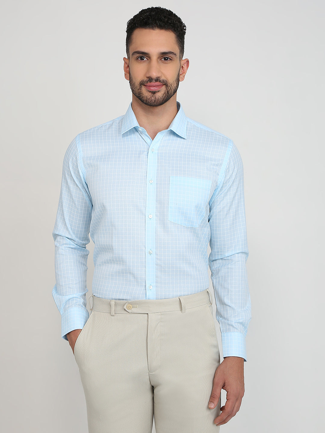 Park Avenue Men Blue Checks Slim Fit Cotton Blend Formal Shirt