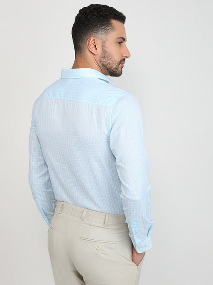 Park Avenue Men Blue Checks Slim Fit Cotton Blend Formal Shirt