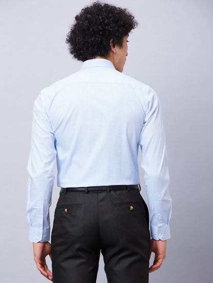 Park Avenue Men Blue Checkered Slim Fit Full Sleeve Semi Cut Away Collar Shirt