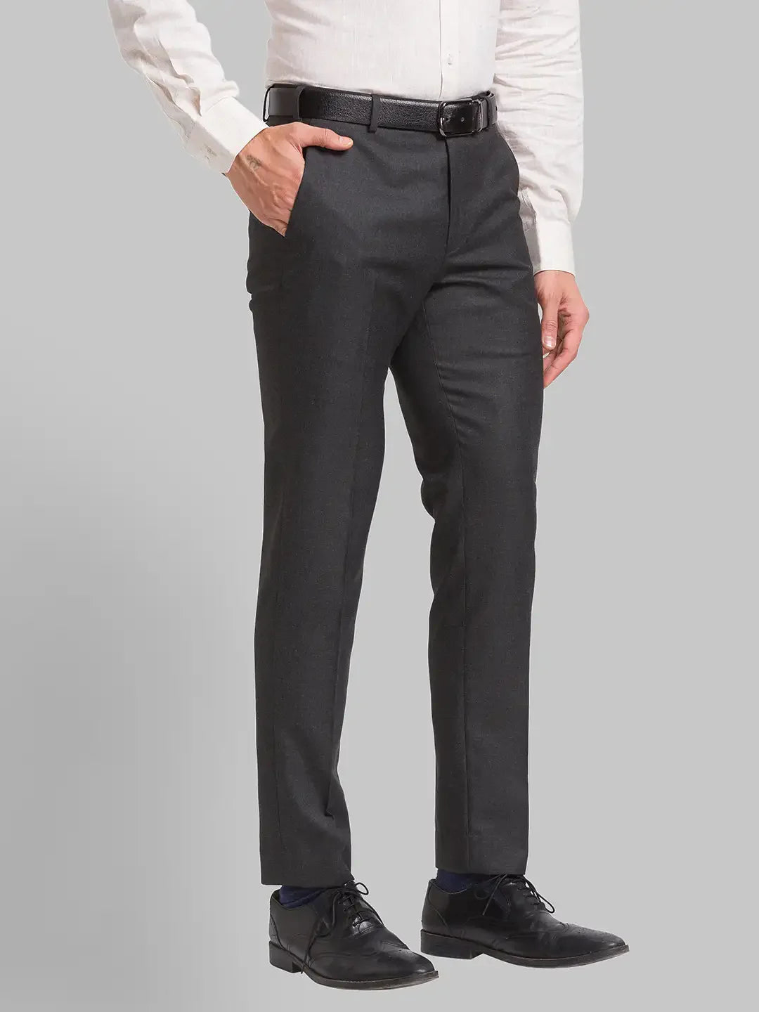Park Avenue Men Grey Structure Super Slim Fit Polyester Blend Trousers