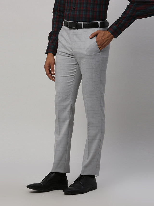 Park Avenue Men Grey Checkered Super Slim Fit Trouser