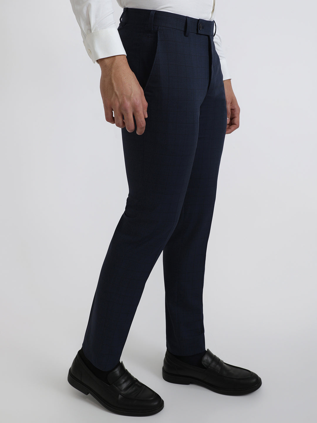 Park Avenue Men Blue Checks Small Slim Fit Wool Blend Trouser