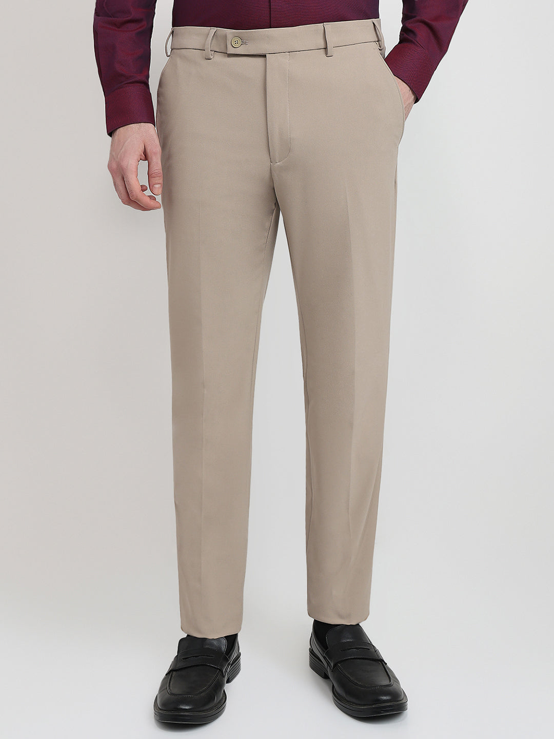 Park Avenue Men Khaki Solid Slim Fit Polyester Blend Trouser