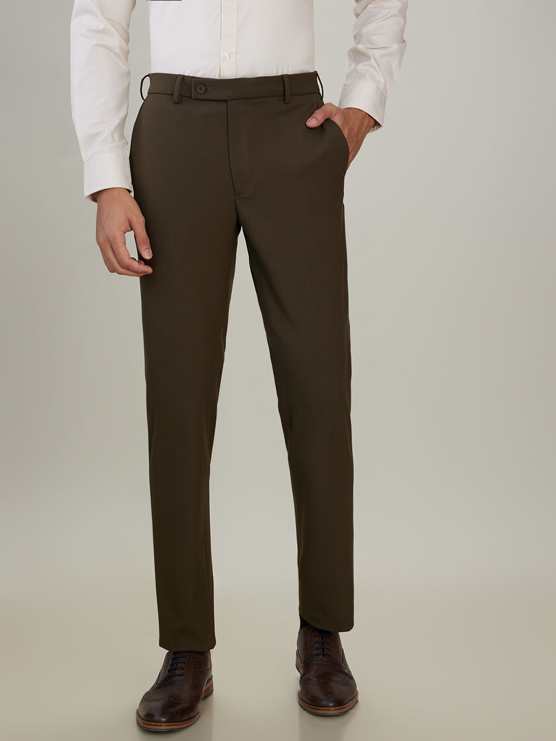 Park Avenue Men Brown Solid Slim Fit Polyester Blend Trouser