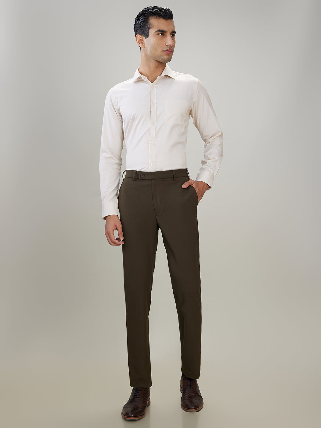 Park Avenue Men Brown Solid Slim Fit Polyester Blend Trouser