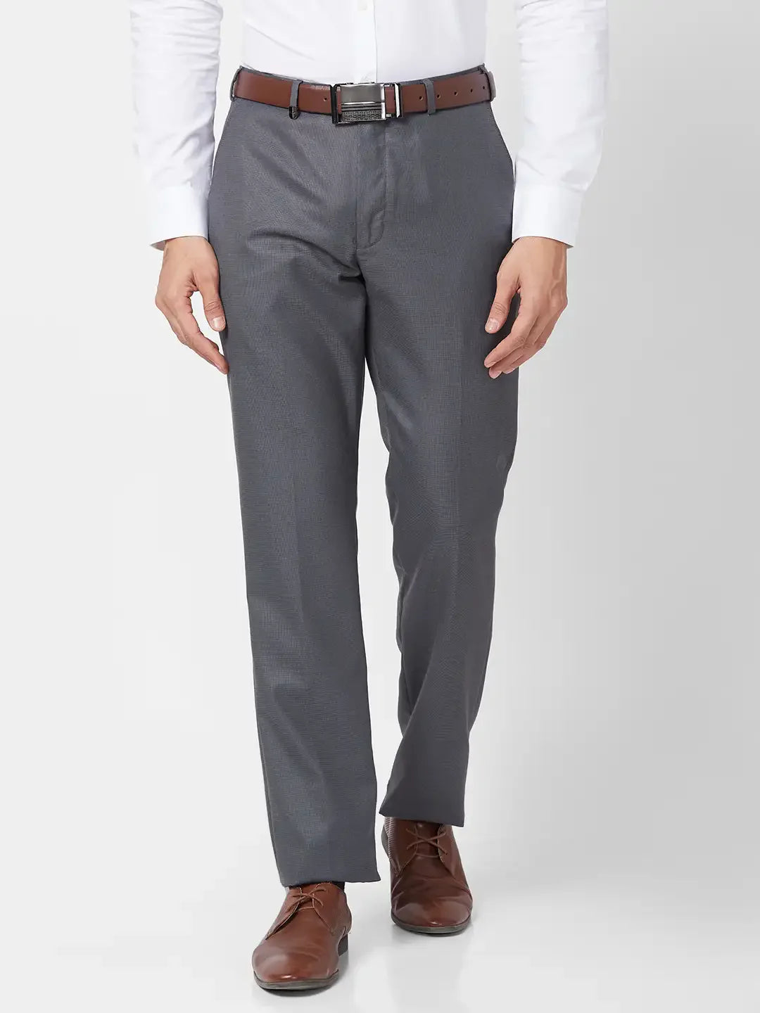 Park Avenue Men Grey Structure Smart Fit Polyester Blend Trouser