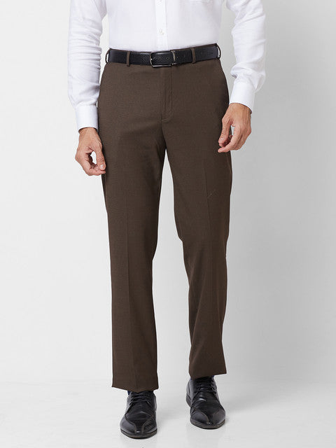 Park Avenue Men Brown Solid Smart Fit Polyester Blend Trouser