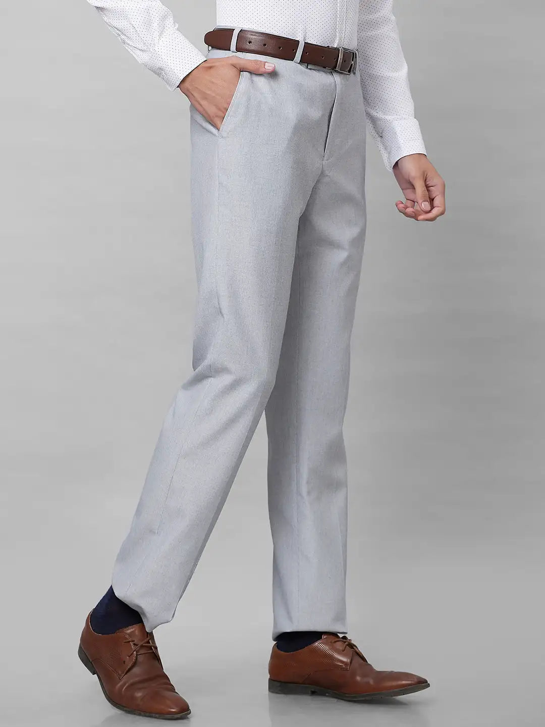 Park Avenue Men Grey Stripe Smart Fit Polyester Blend Trousers