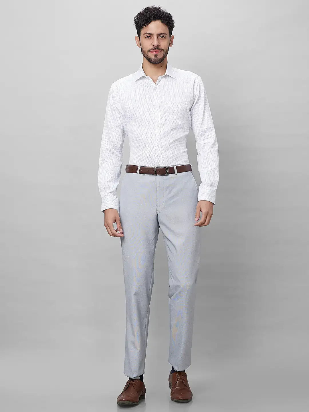 Park Avenue Men Grey Stripe Smart Fit Polyester Blend Trousers