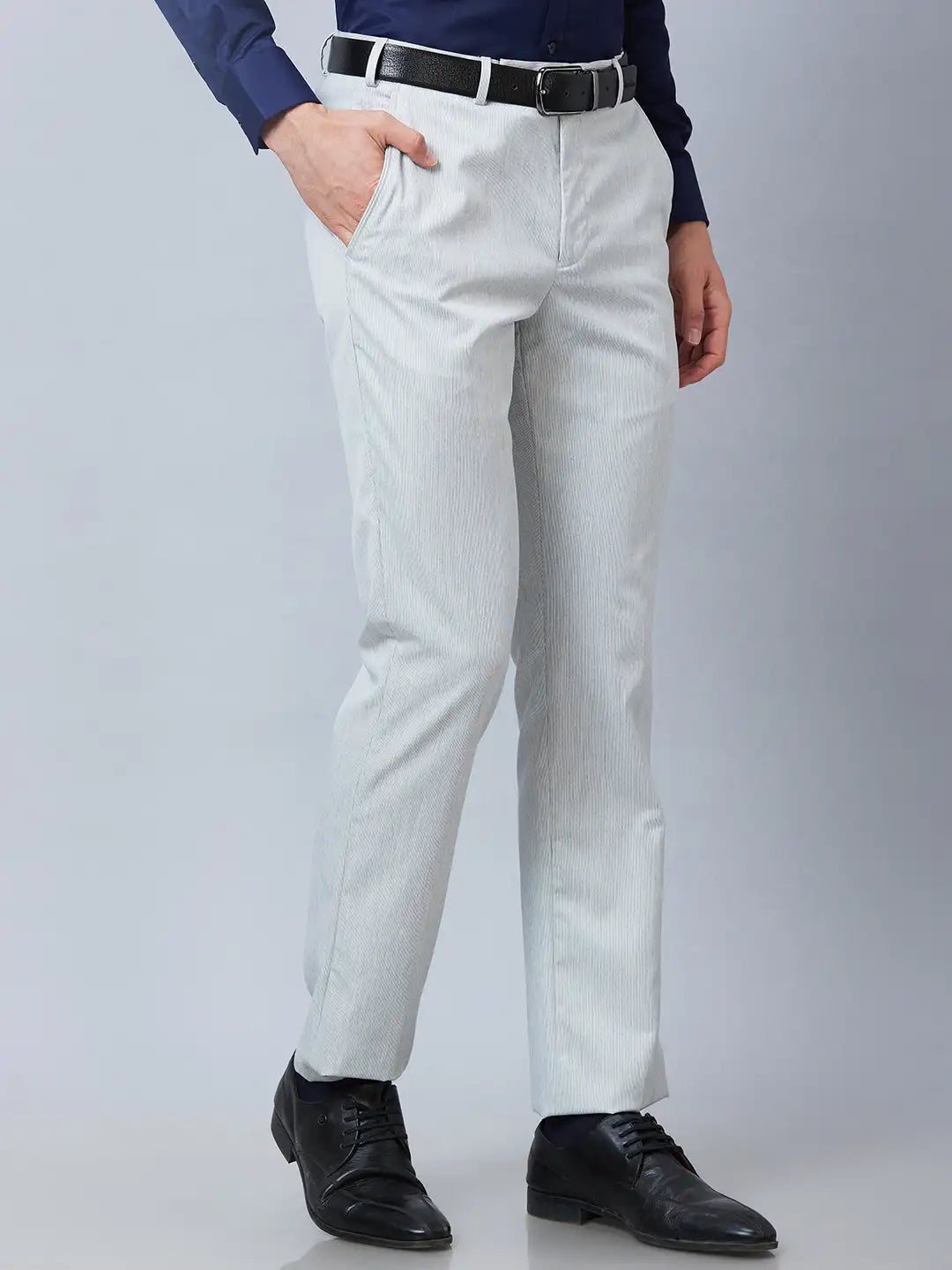 Park Avenue Men Grey Stripe Smart Fit Polyester Blend Trouser