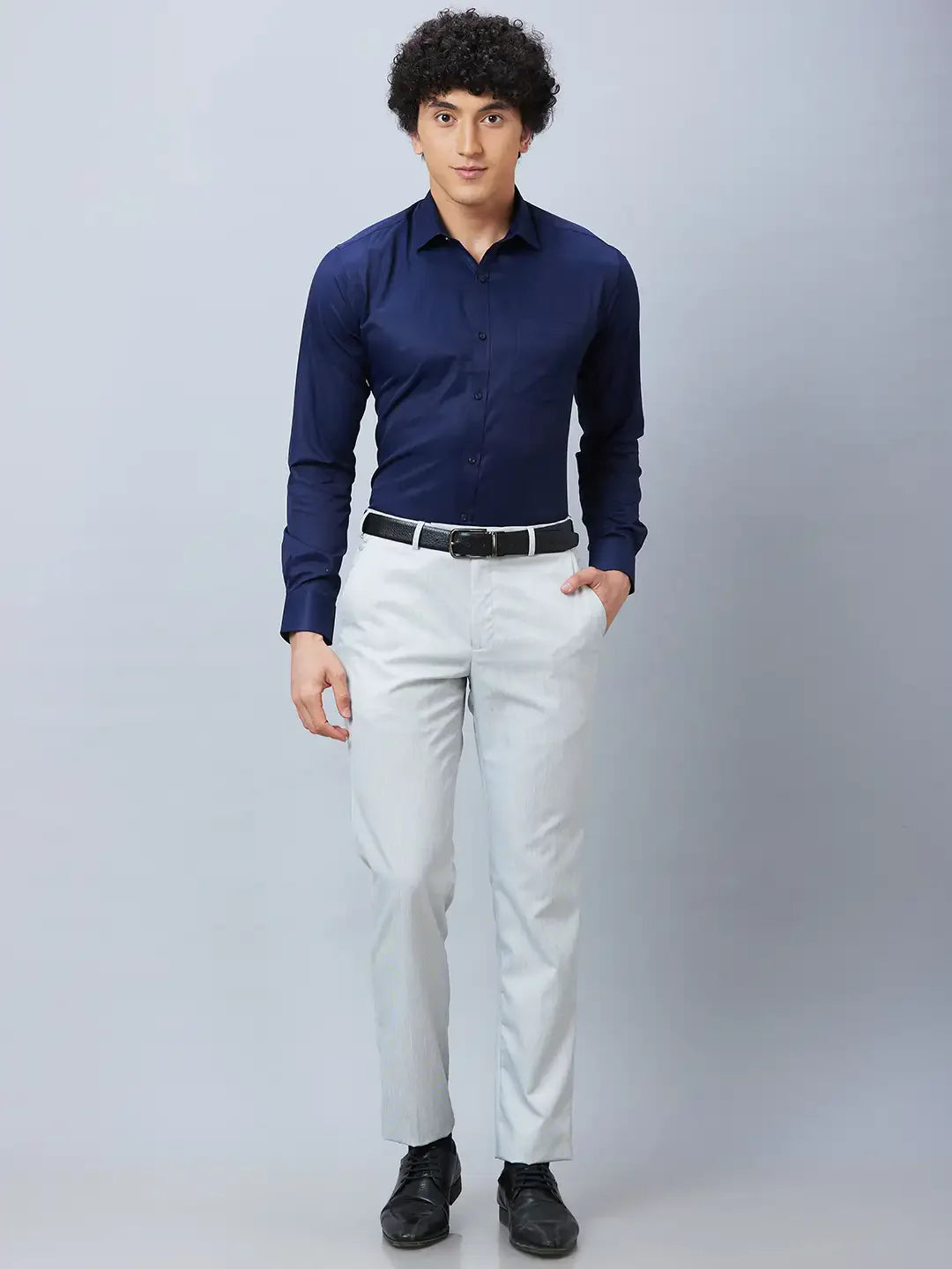 Park Avenue Men Grey Stripe Smart Fit Polyester Blend Trouser