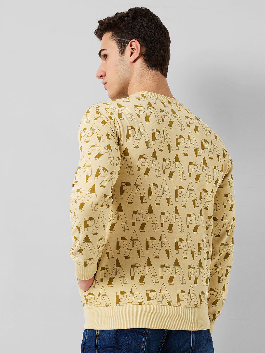 Park Avenue Men Yellow Printed Slim Fit Cotton Blend Sweatshirt